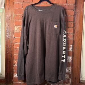 Carhartt Long Sleeve Logo Loose Fit Tee Sz 3XL Heather Brown Logo Pocket